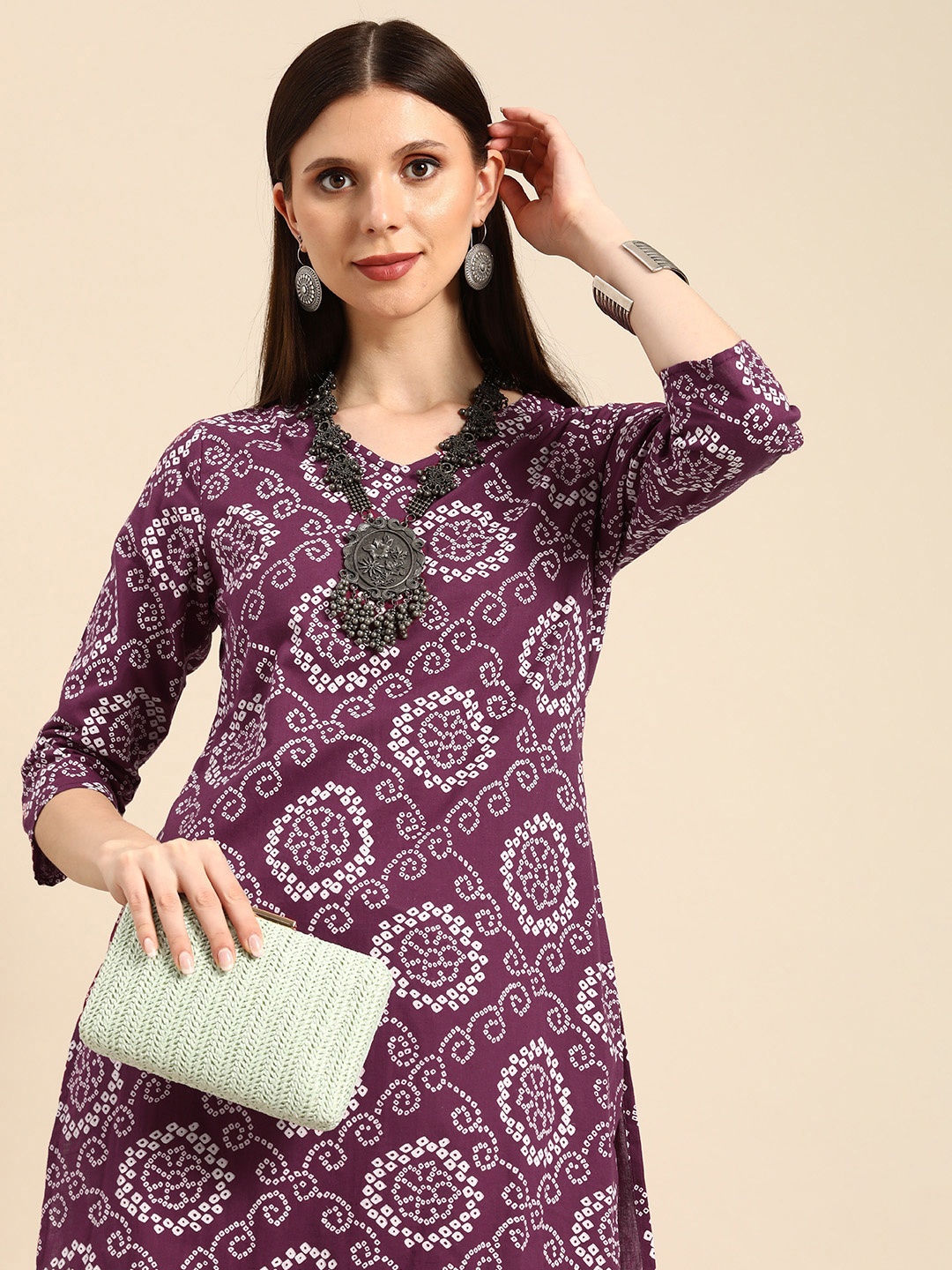 

Anouk Women Magenta & White Bandhani Printed Kurta