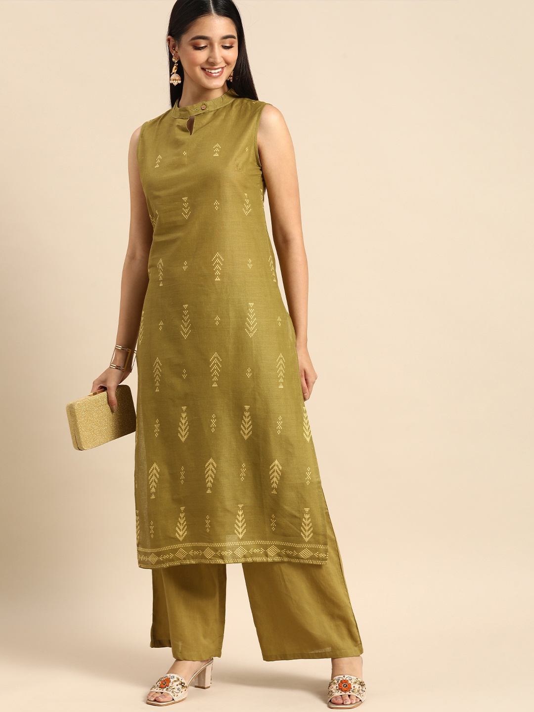 

Anouk Women Olive Green Printed Pure Cotton Kurta with Palazzos