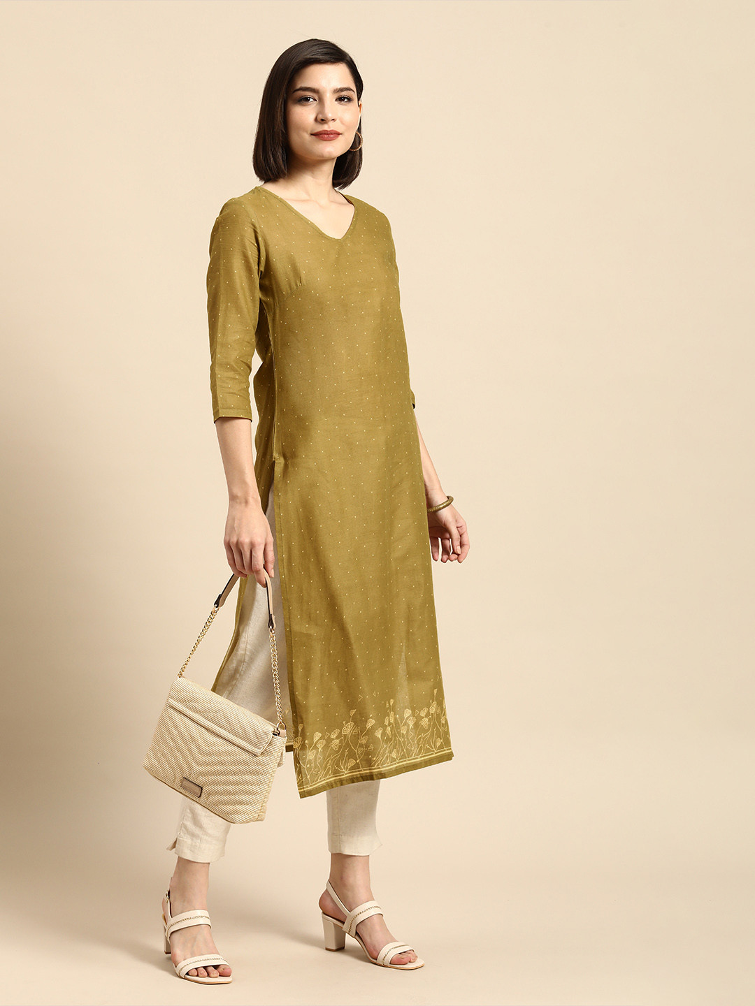 

Anouk Women Olive Green Printed Indie Prints Pure Cotton Kurta