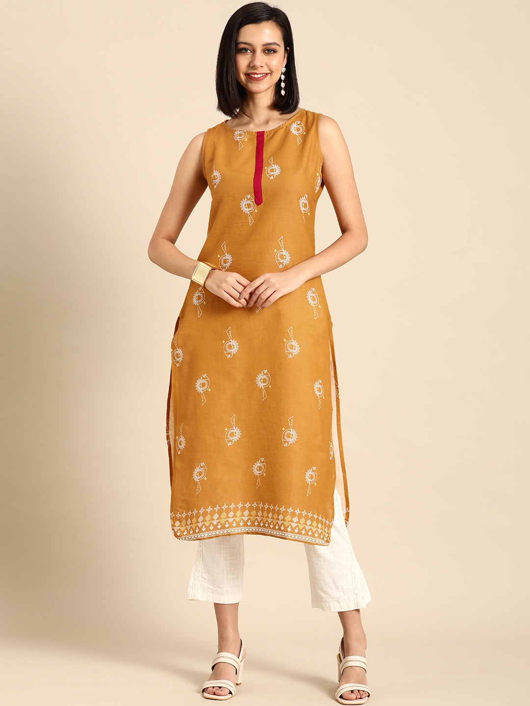 

Anouk Women Mustard Yellow & White Quirky Printed Pure Cotton Straight Kurta