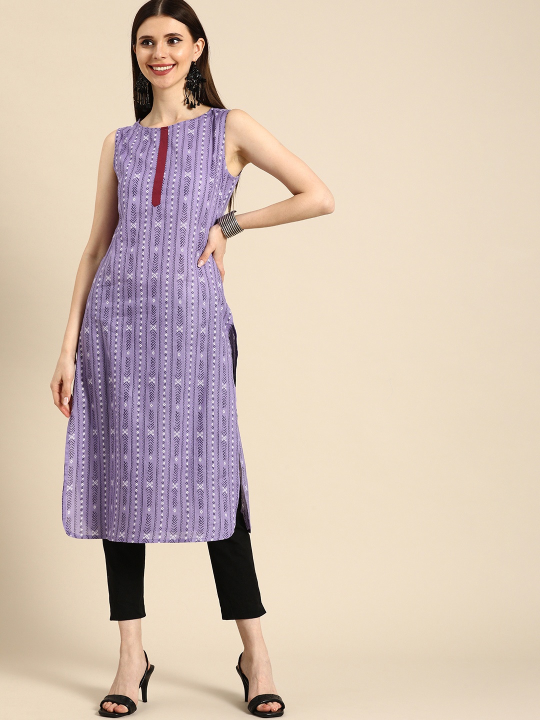 

Anouk Women Lavender & White Geometric Printed Pure Cotton Straight Kurta