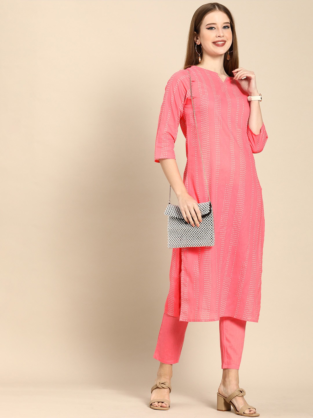 

Anouk Women Pink Printed Pure Cotton Kurta with Trousers