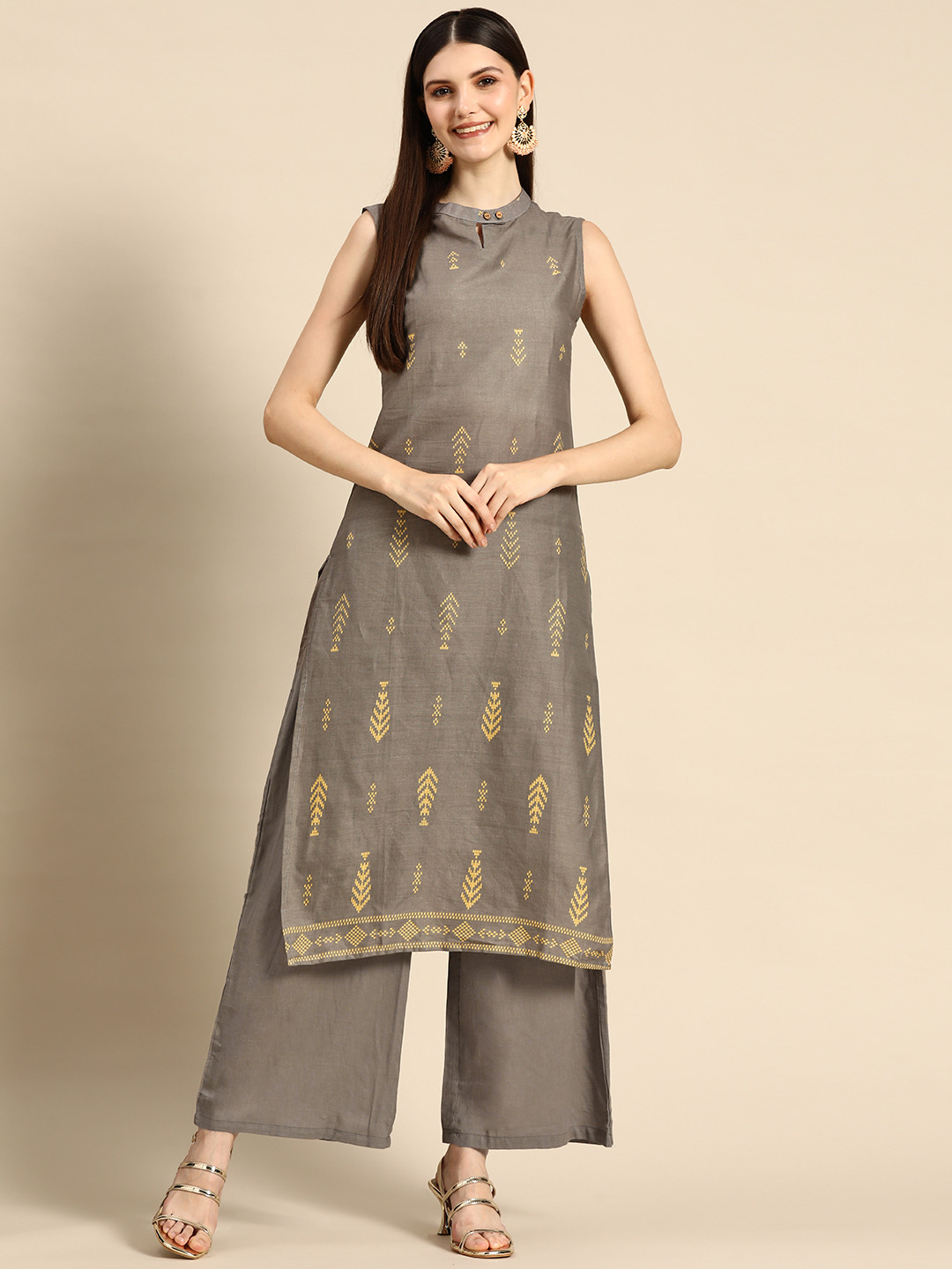 

Anouk Women Grey & Yellow Printed Pure Cotton Kurta with Palazzos