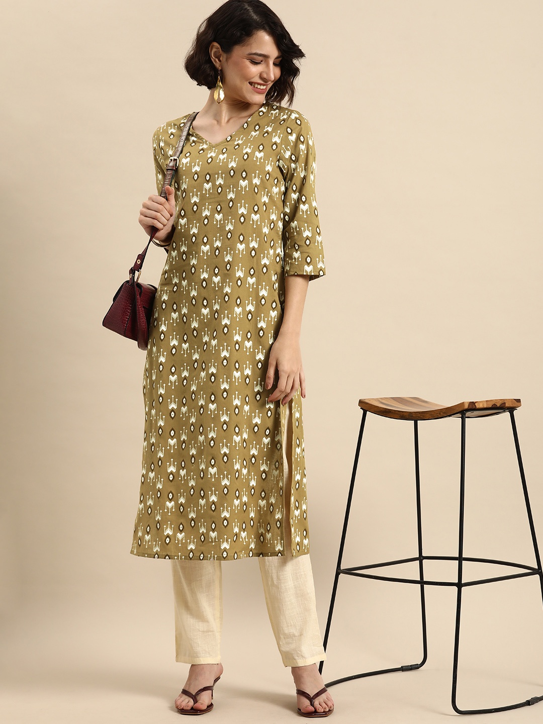 

Anouk Women Olive Green Tribal Printed Kurta