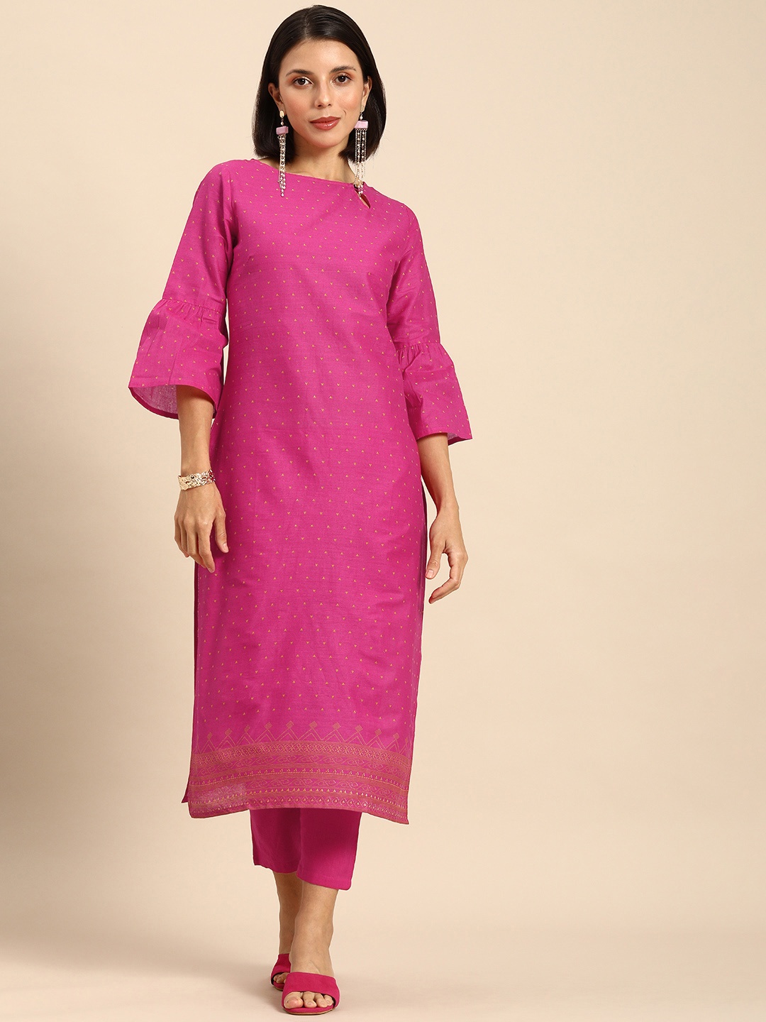 

Anouk Women Pink Printed Pure Cotton Kurta with Trousers