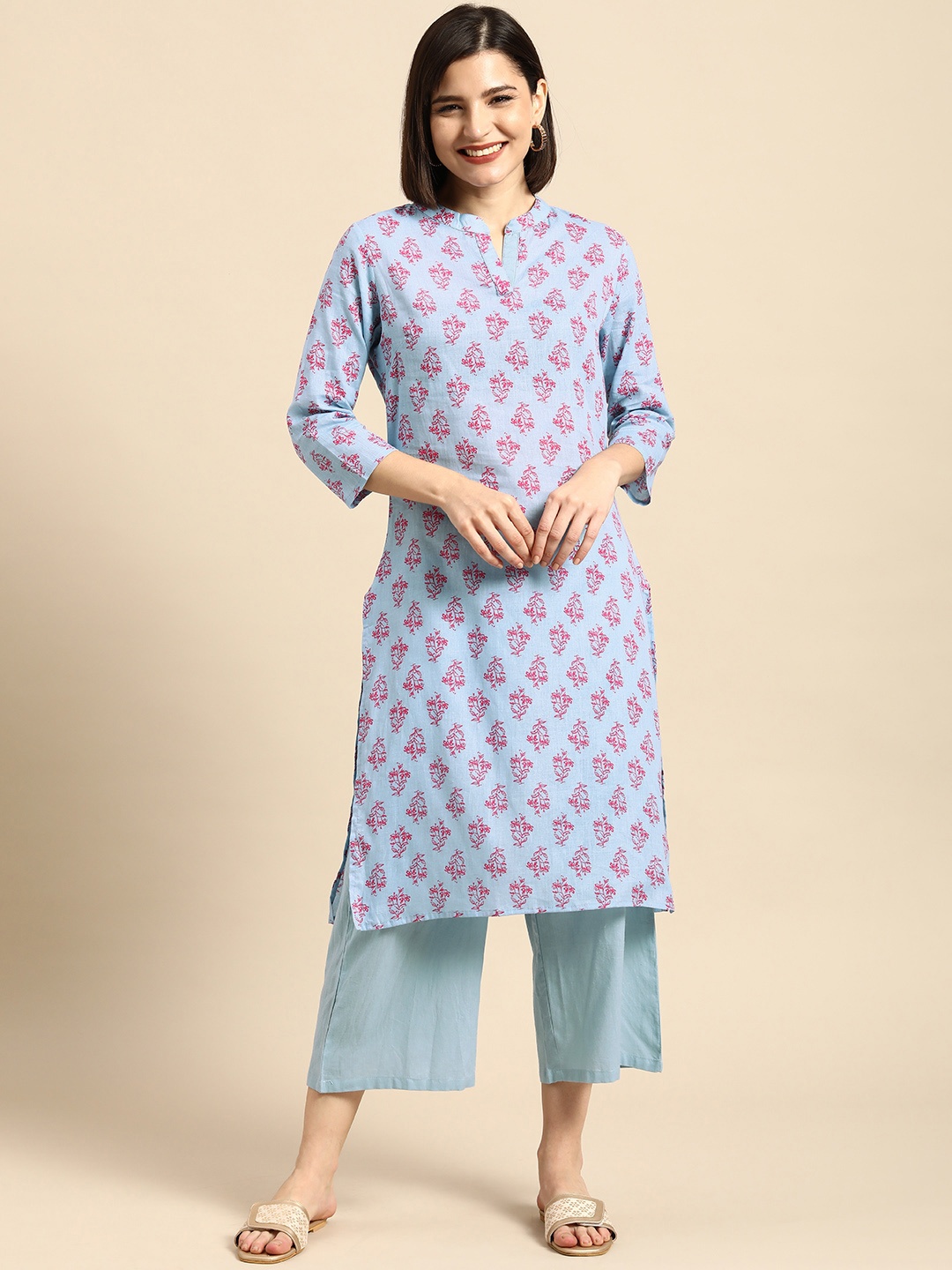 

Anouk Women Blue Ethnic Motifs Printed Pure Cotton Kurta with Palazzos