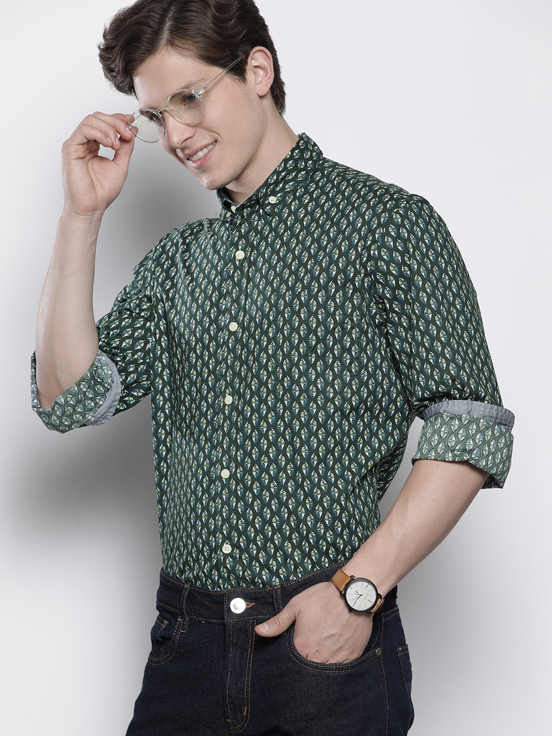

Nautica Men Green Geometric Printed Slim Fit Stretch Casual Shirt