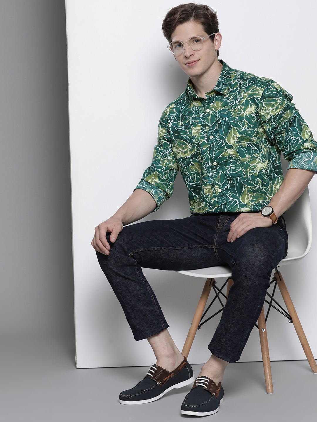 

Nautica Men Green & Yellow Abstract Printed Slim Fit Stretch Casual Shirt