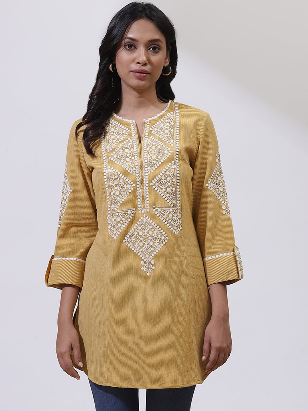 

Lakshita Women Yellow Ethnic Motifs Embroidered Thread Work Kurta