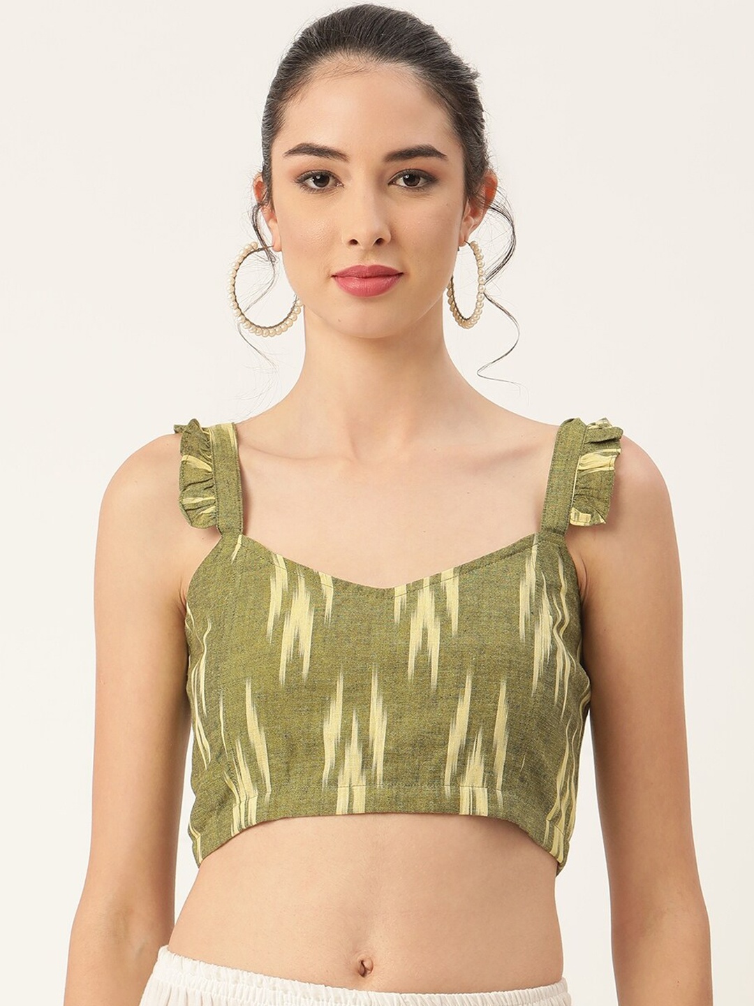 

Molcha Women Olive Green Woven Design Pure Cotton Ikat Readymade Blouse