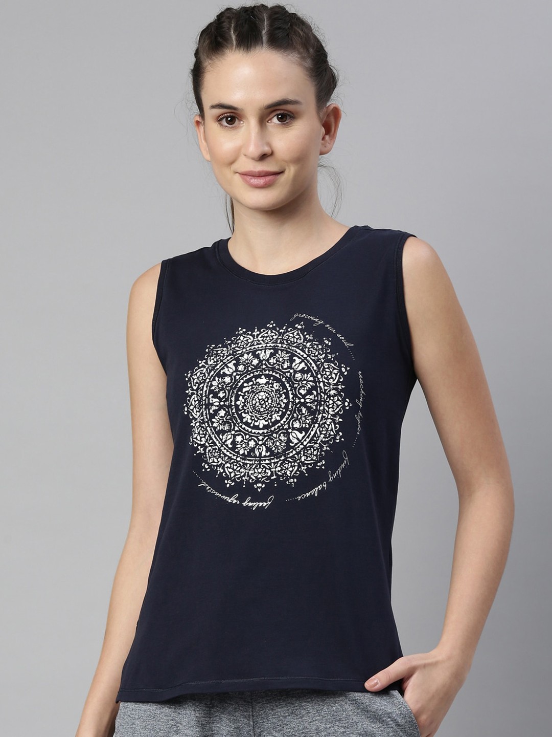 

Enamor Women Navy Blue Graphic Printed Anti-Odour Stretch Cotton Tank Top