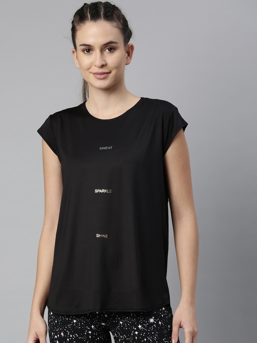 

Enamor Women Black Typography Antimicrobial Outdoor T-shirt