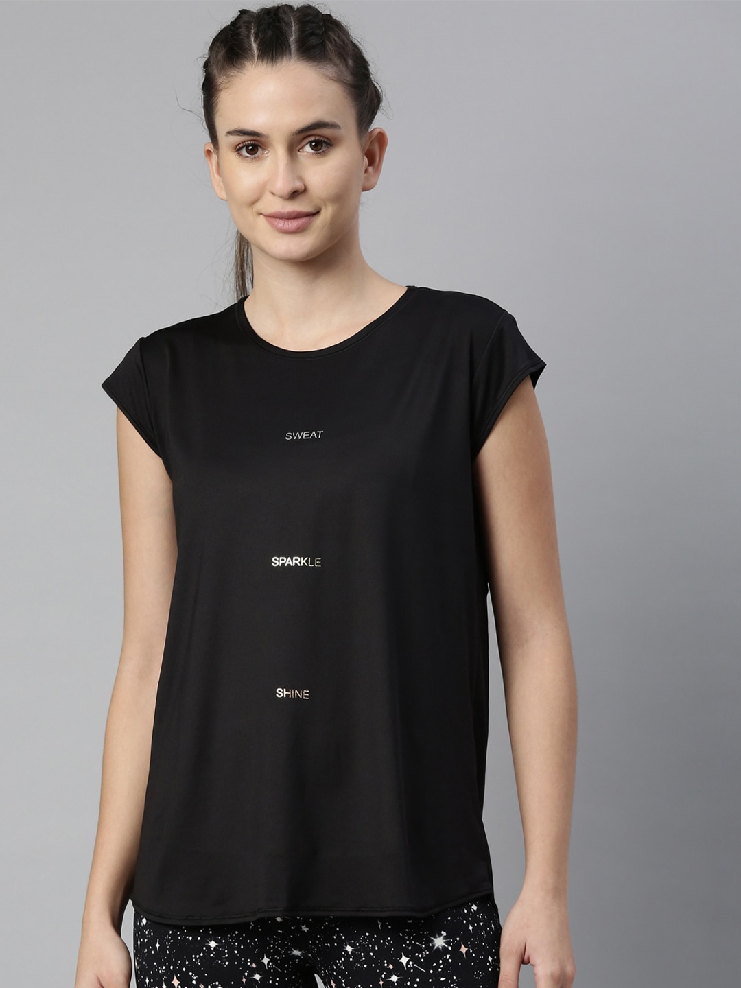 

Enamor Women Black Typography Printed Antimicrobial Outdoor T-shirt