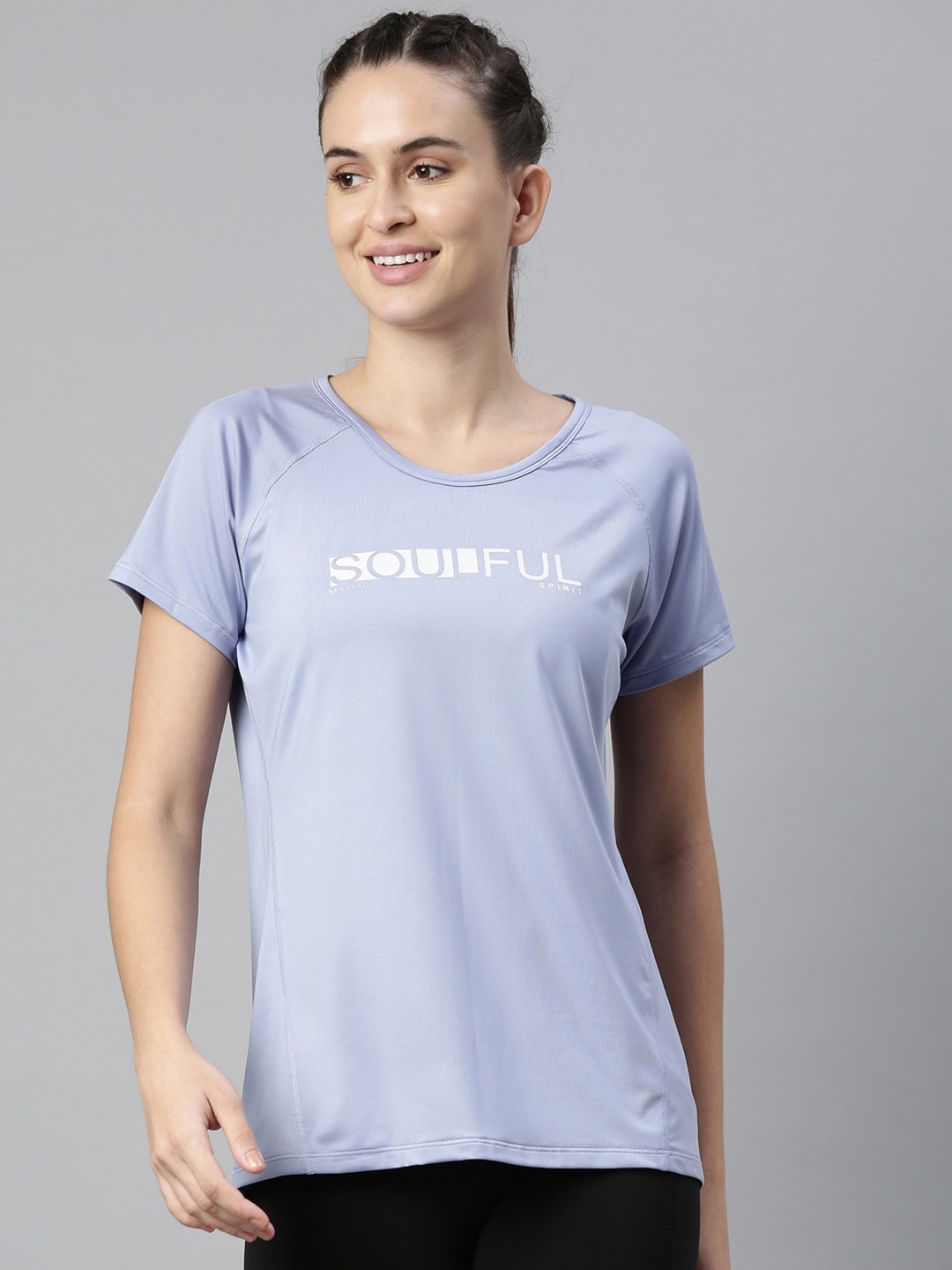 

Enamor Women Blue Typography Printed Relaxed Fit Raglan Sleeves Antimicrobial T-shirt