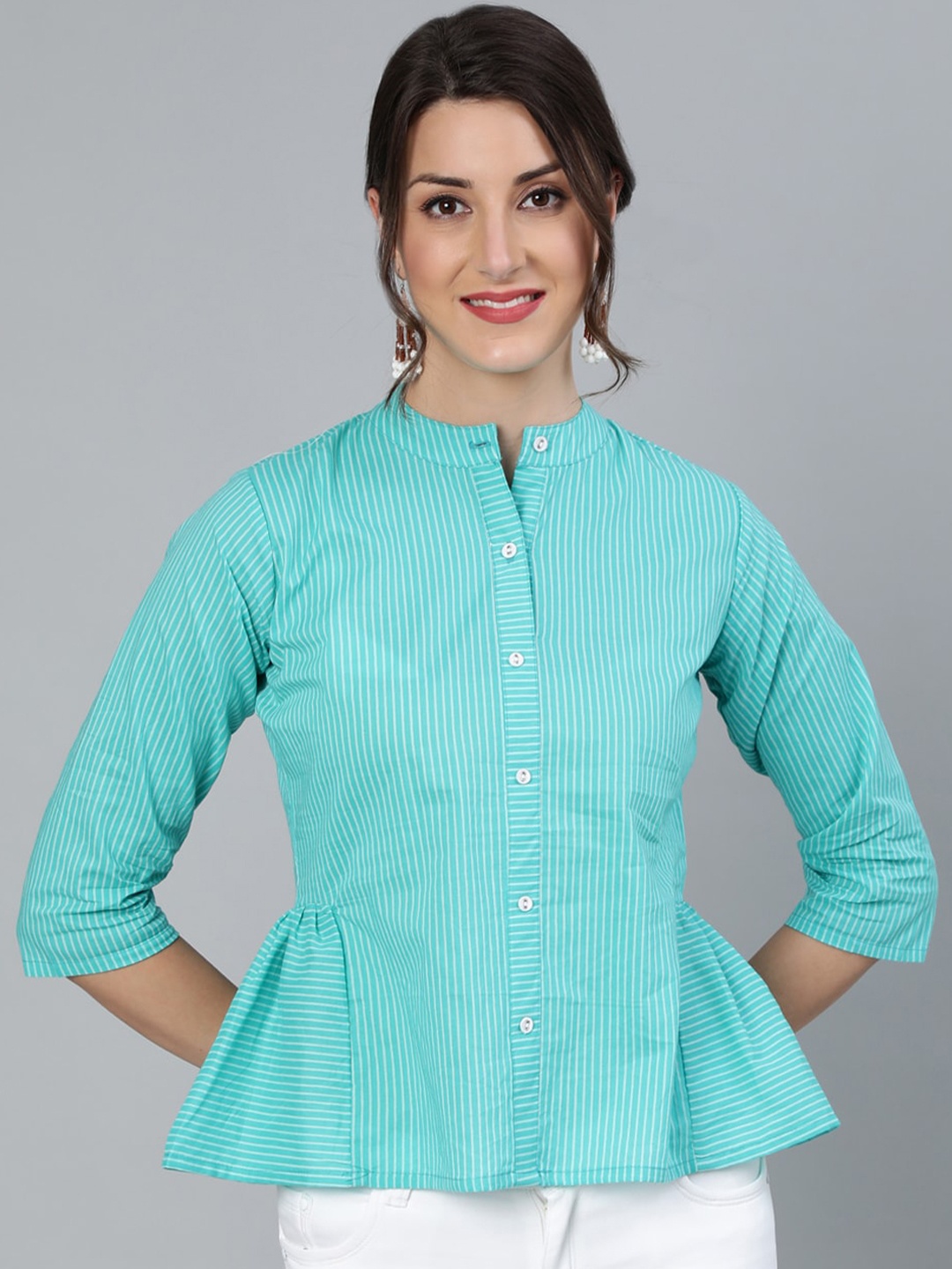

AASI - HOUSE OF NAYO Women Blue Striped Mandarin Collar Cotton Peplum Top
