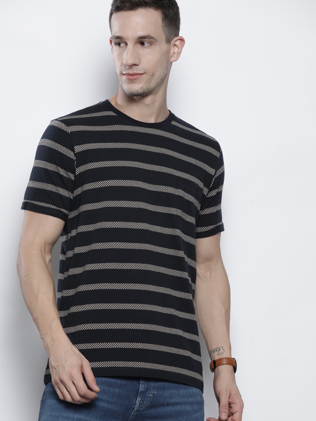 

Nautica Men Navy Blue & Beige Striped Self Design Pure Cotton Slim Fit T-shirt