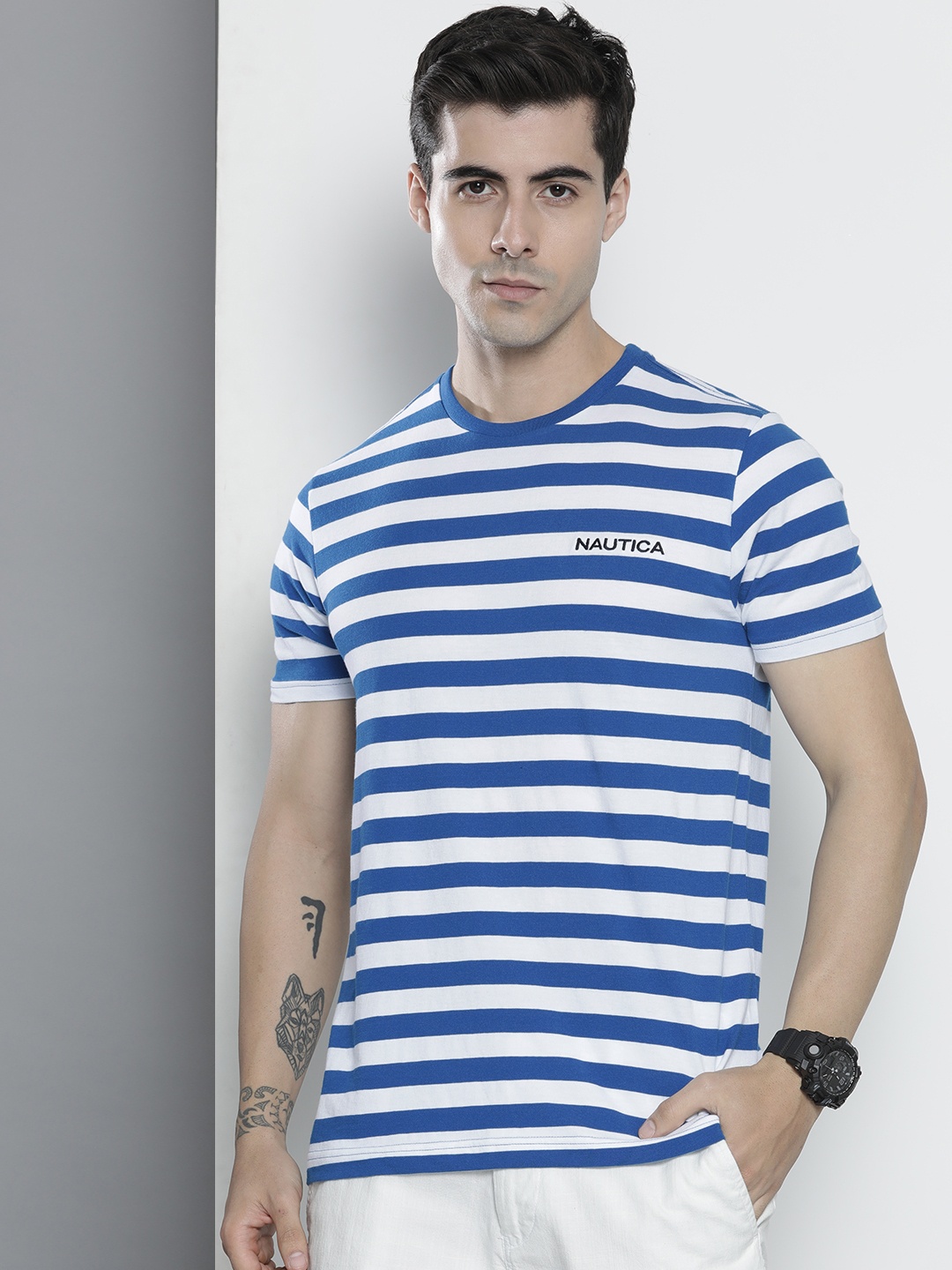 

Nautica Men White & Blue Striped Round Neck Pure Cotton T-shirt