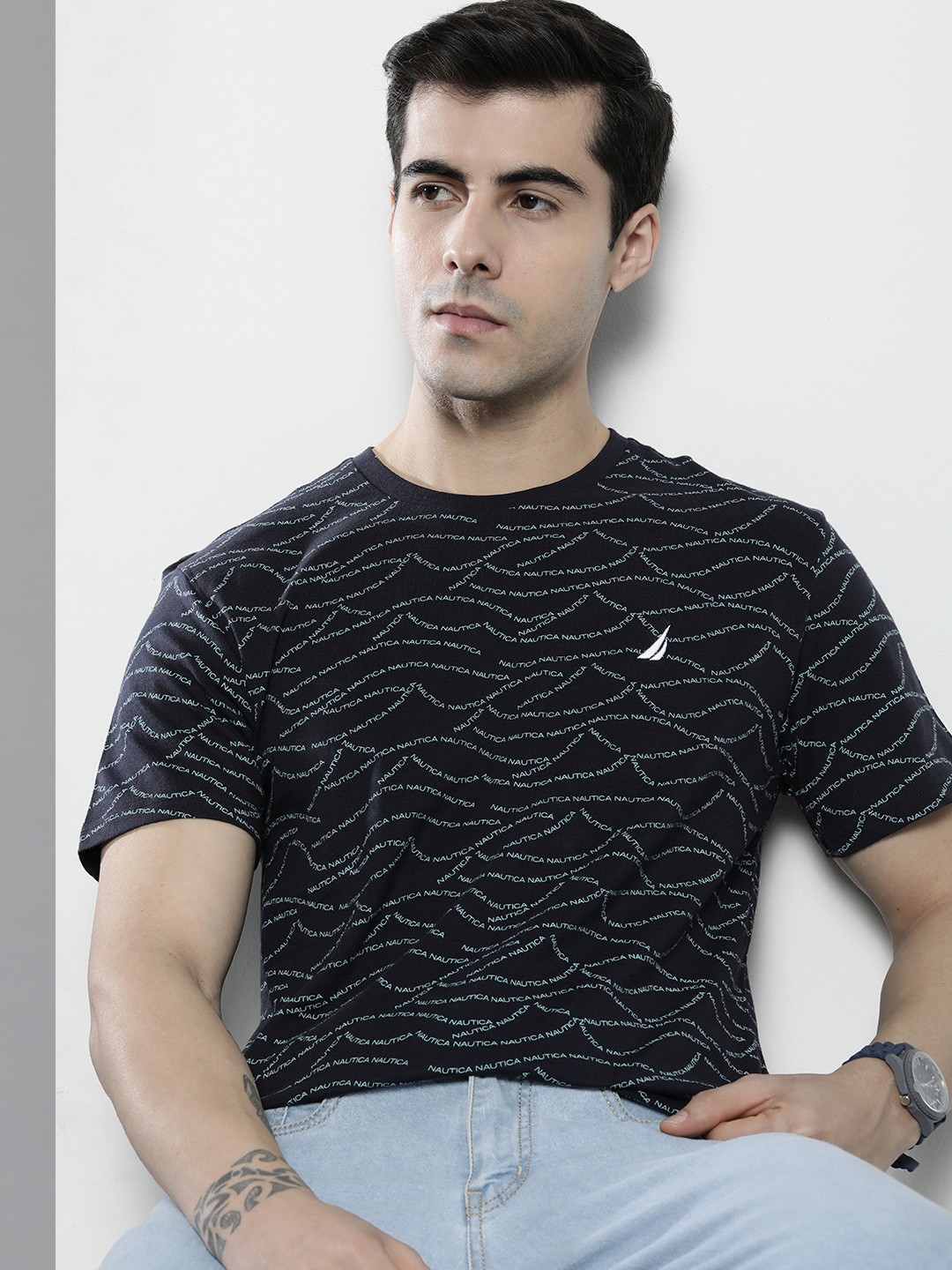 

Nautica Men Black & Green Brand Logo Printed Pure Cotton T-shirt