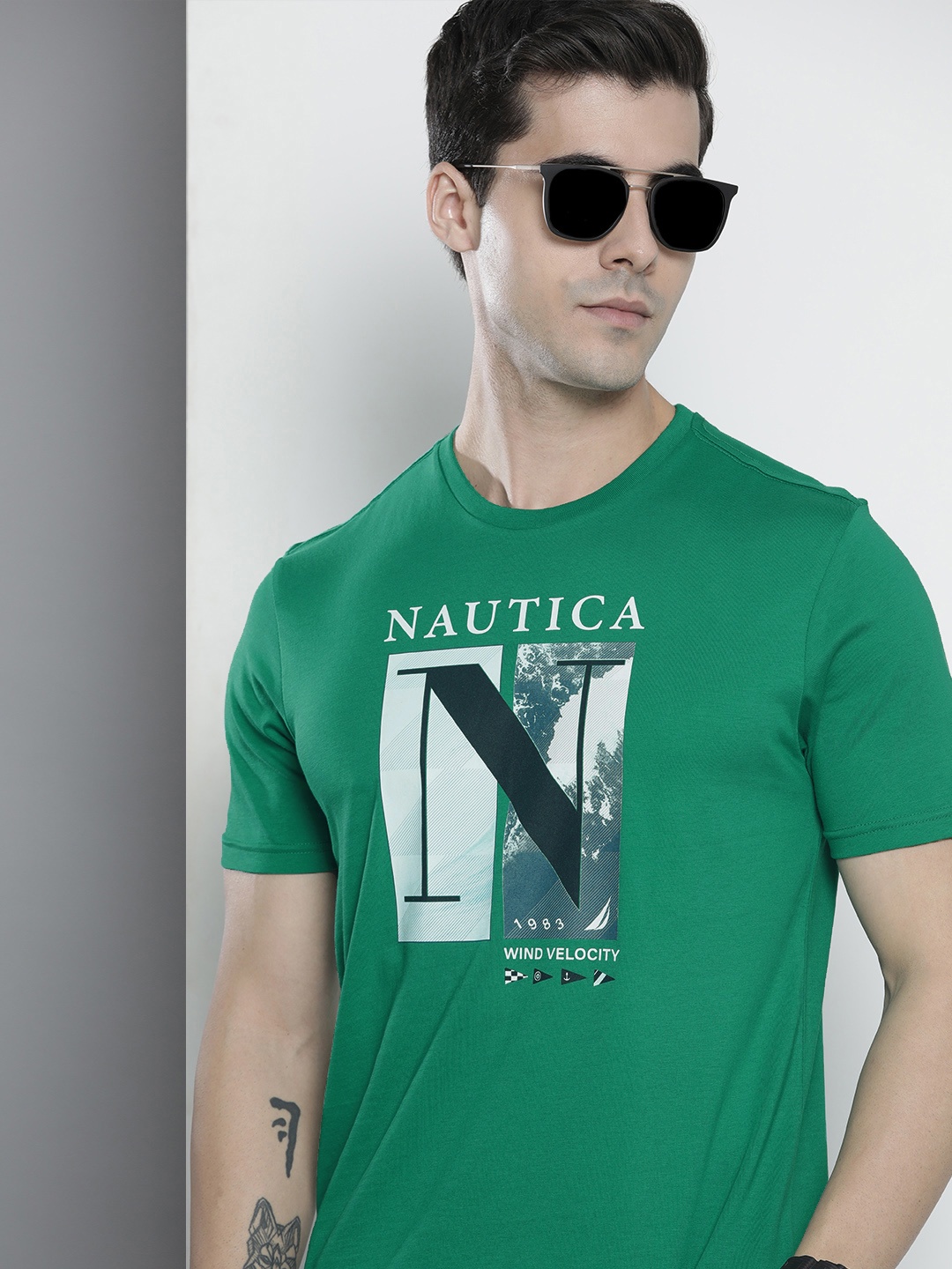 

Nautica Men Green & White Brand Logo Printed Pure Cotton T-shirt