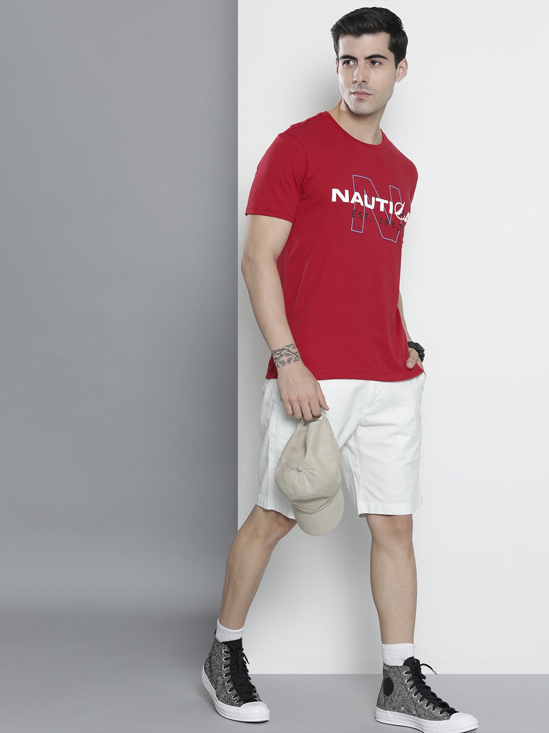 

Nautica Men Red & White Brand Logo Printed Pure Cotton T-shirt