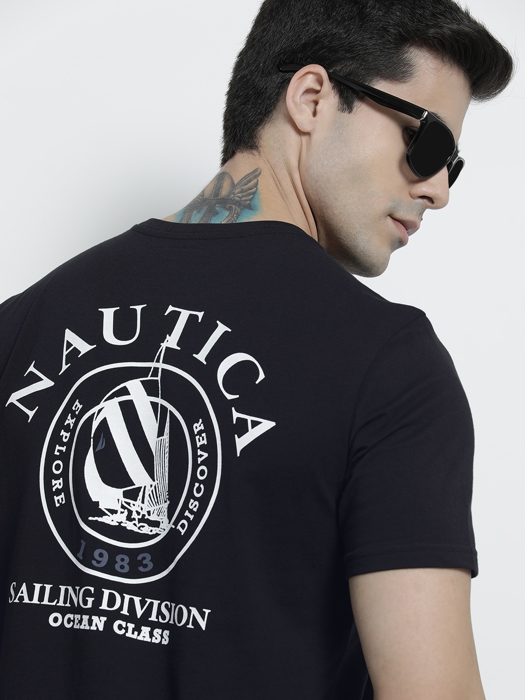 

Nautica Men Navy Blue Brand Logo Print Round Neck Slim Fit Pure Cotton T-shirt
