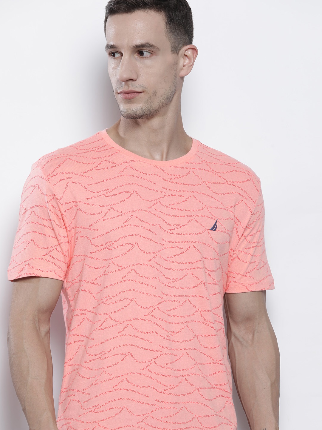 

Nautica Men Peach-Coloured Brand Logo Printed Pure Cotton T-shirt