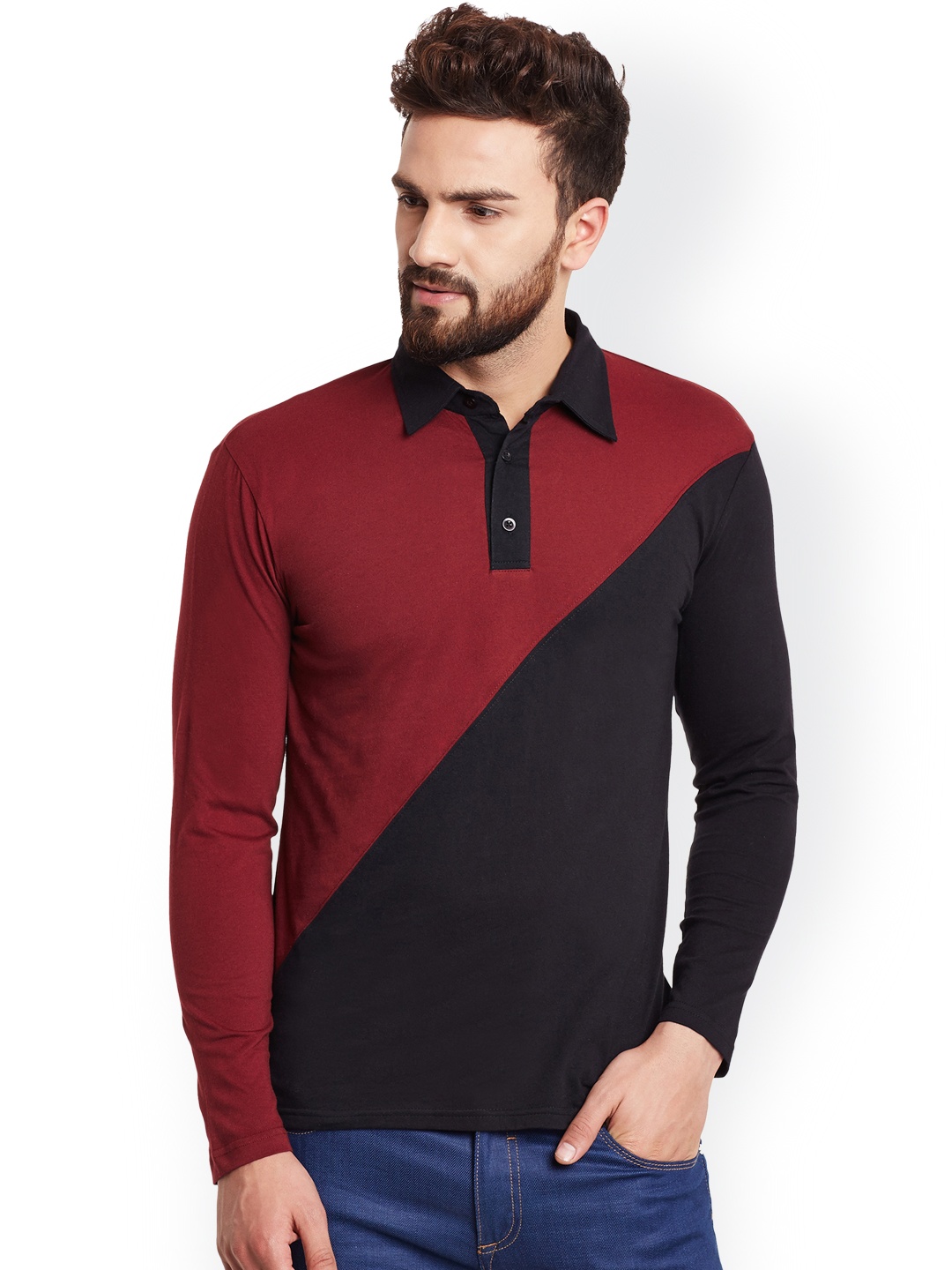 

Hypernation Men Maroon & Black Colourblocked Polo T-shirt