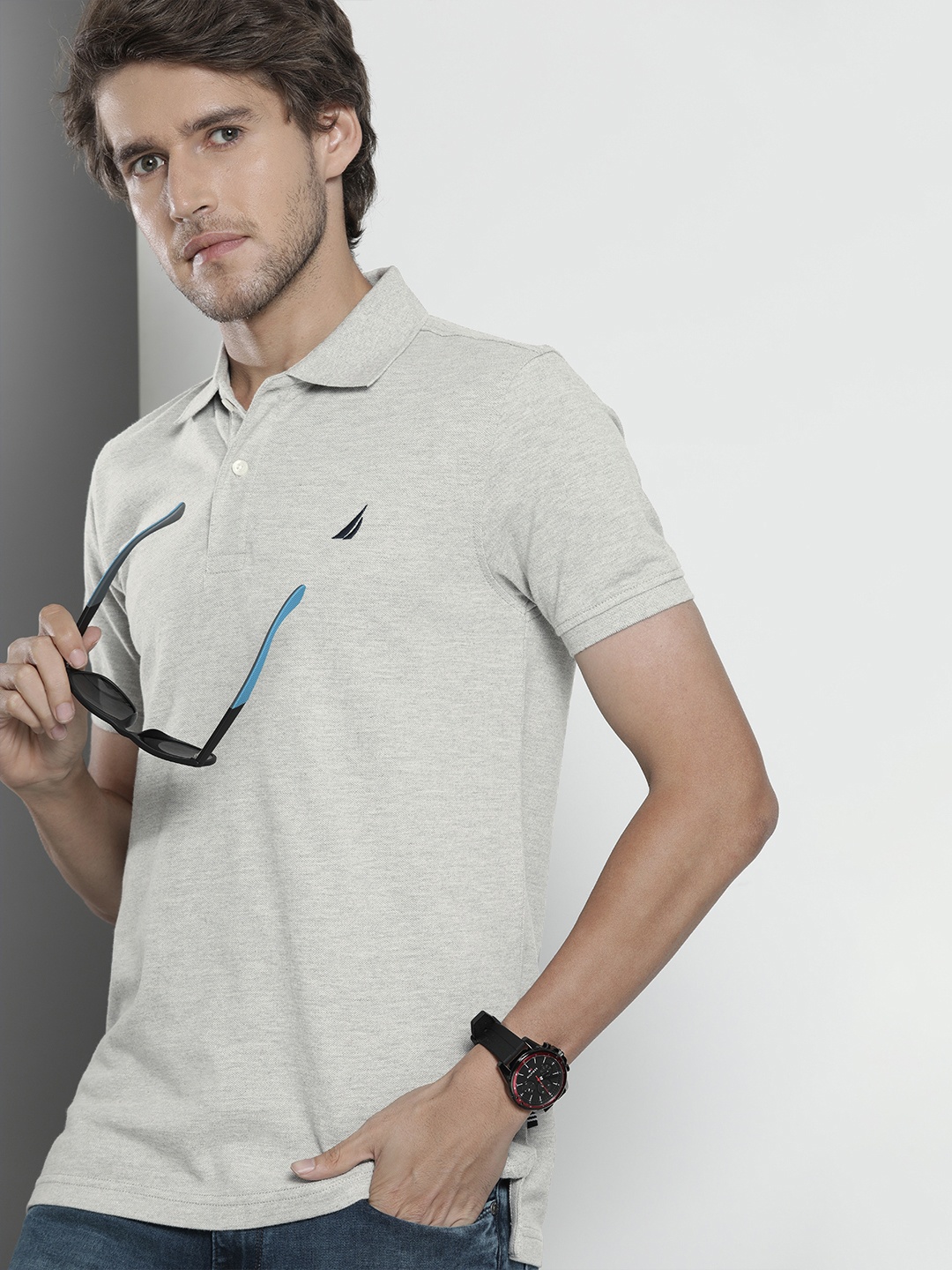 

Nautica Men Grey Melange Solid Polo Collar Slim Fit T-shirt