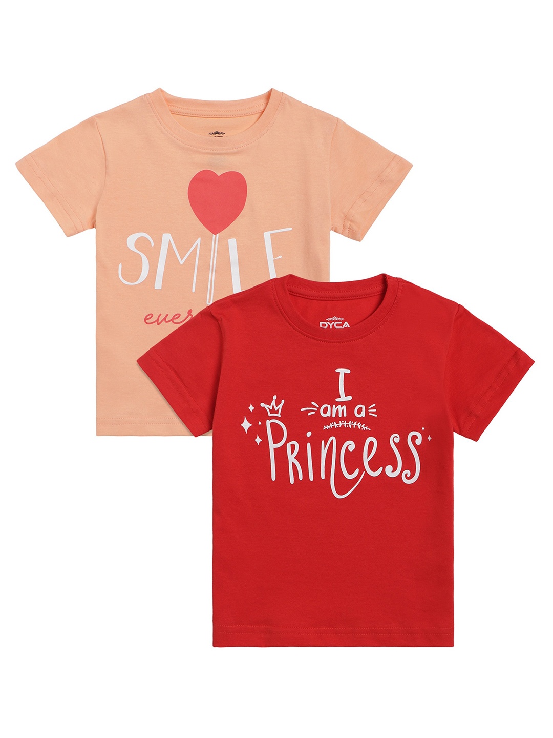 

DYCA Girls Set Of 2 Peach-Coloured & Red Typography Printed Cotton T-shirt