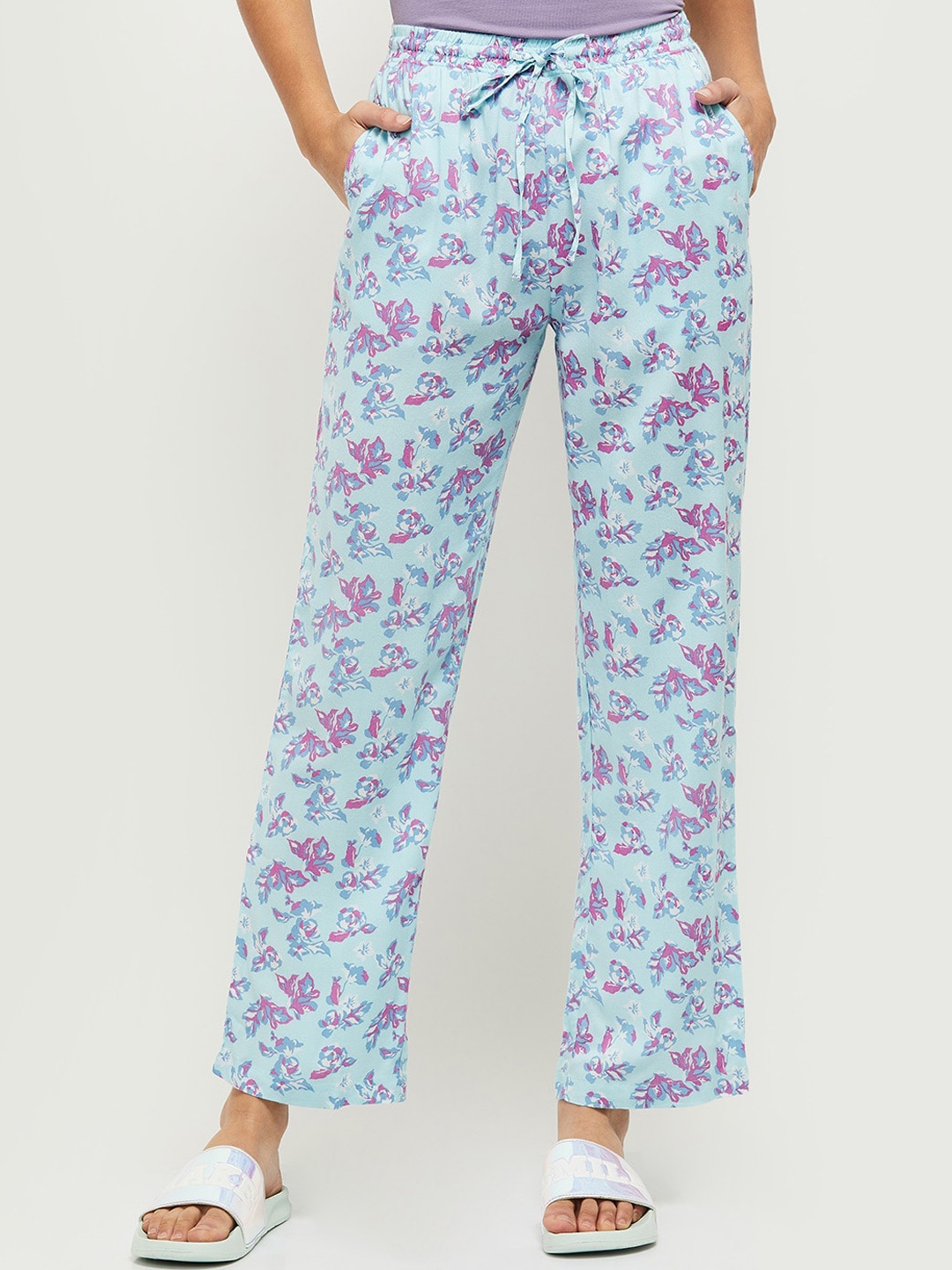 

max Women Turquoise Blue Floral Printed Lounge Pants