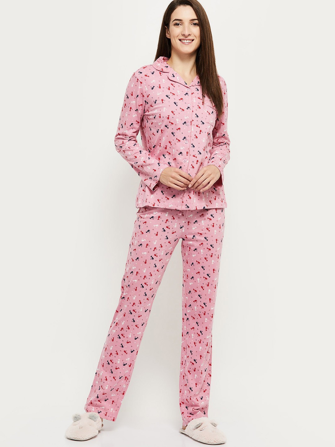 

max Women Pink Cat Printed Pure Cotton Lounge Pants