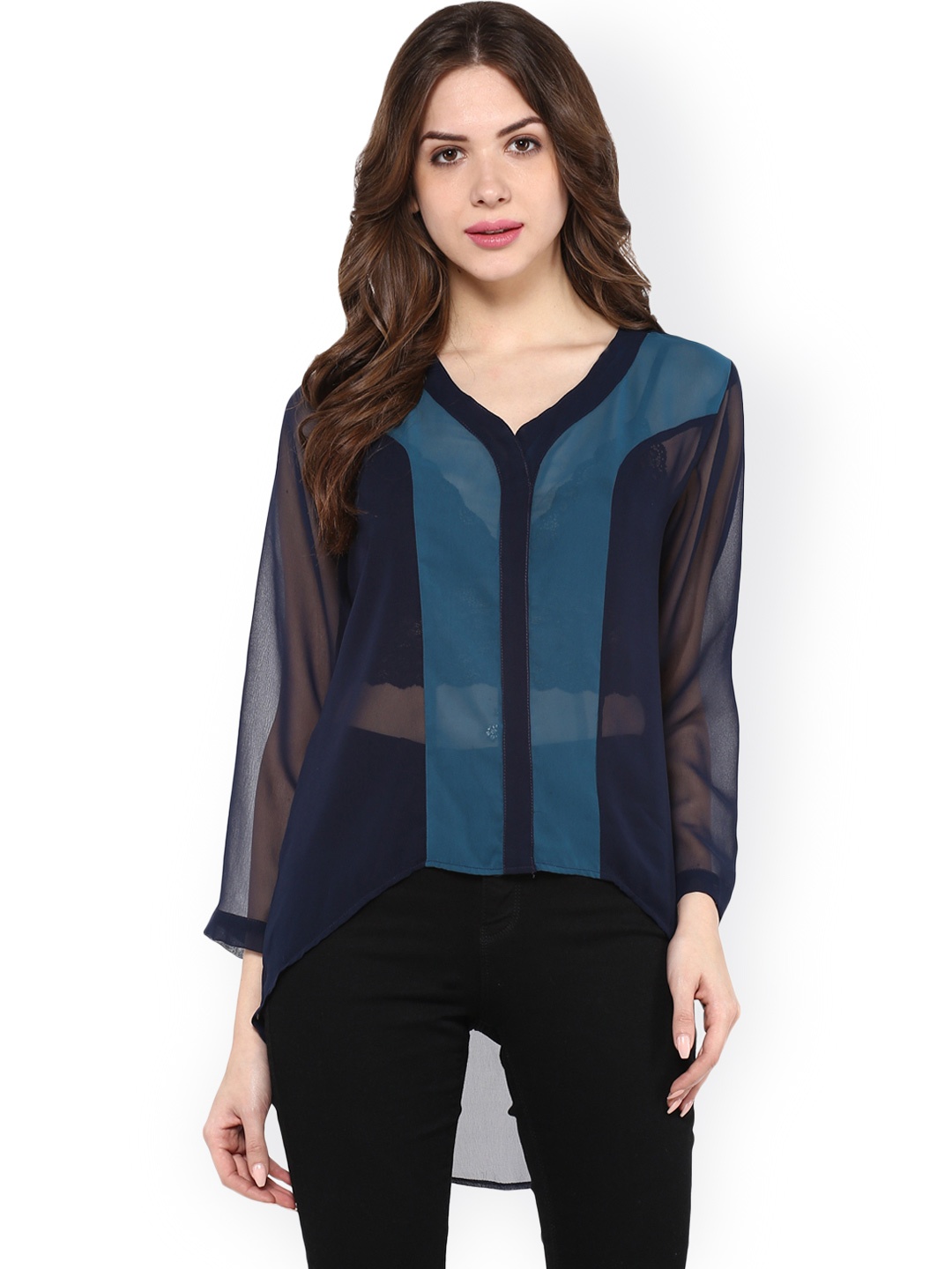 

Zima Leto Navy & Teal Blue Colourblocked Sheer Top, Navy blue