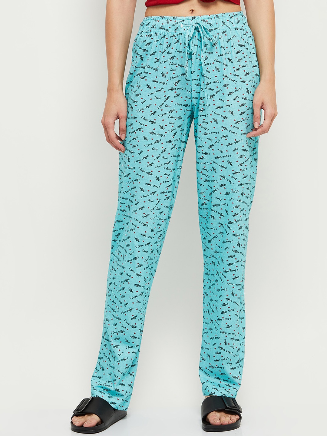 

max Women Turquoise Blue Printed Cotton Lounge Pants