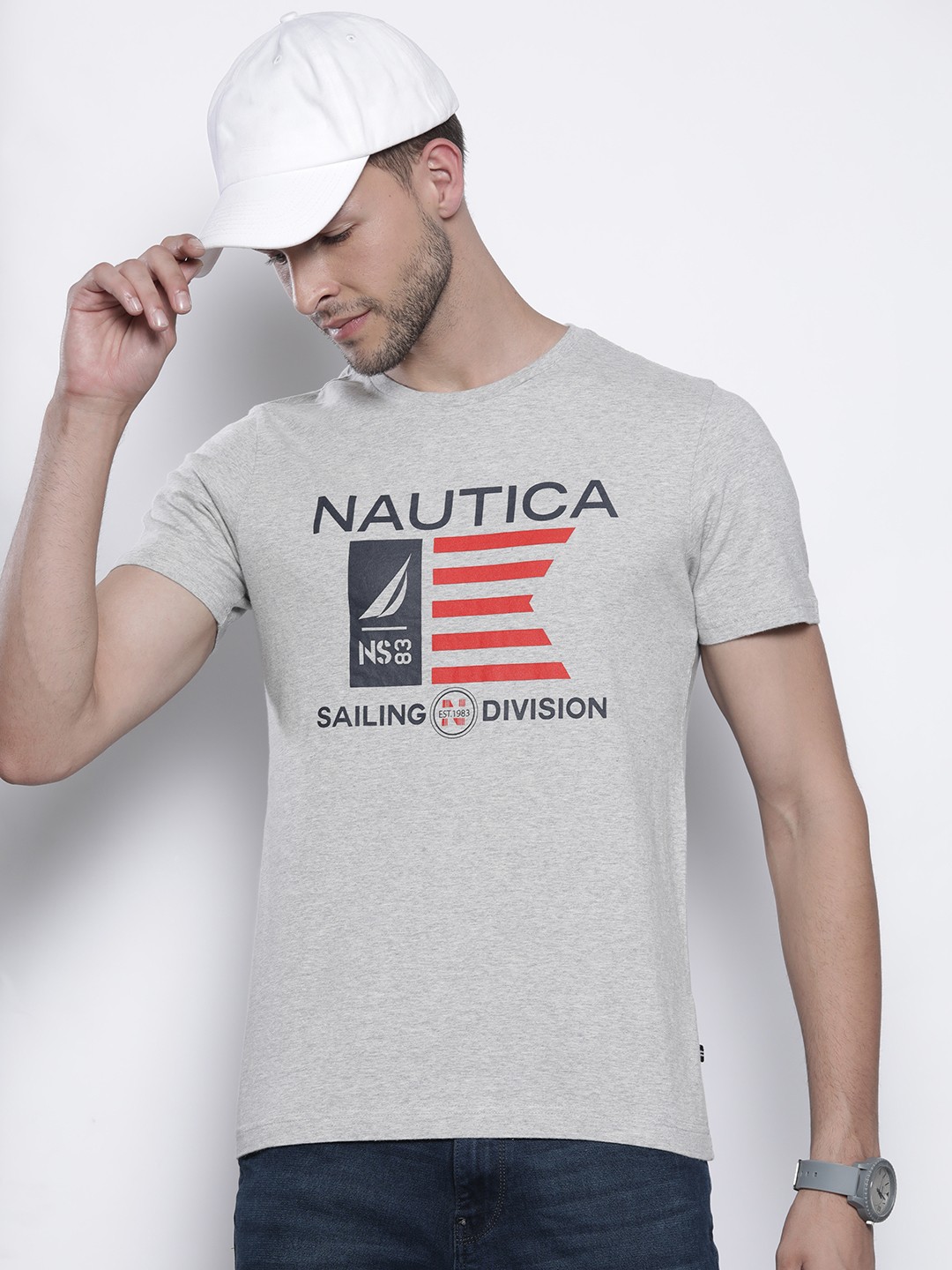 

Nautica Men Grey Melange & Black Brand Logo Printed Pure Cotton T-shirt