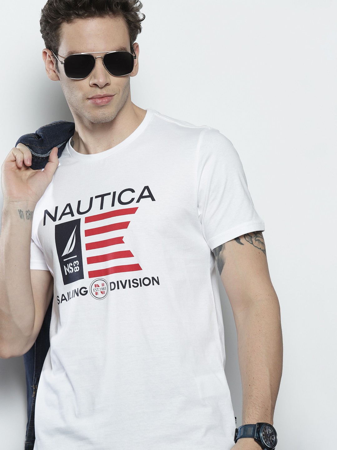 

Nautica Men White Brand Logo Print Round Neck Pure Cotton T-shirt