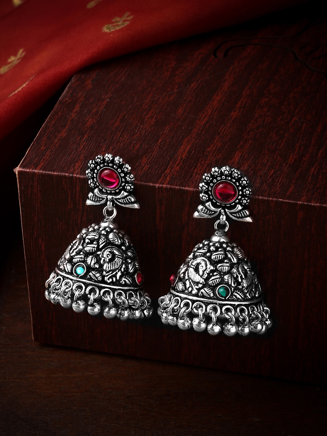 

Yellow Chimes Silver-Toned Oxidised Geometric Jhumkas Earrings