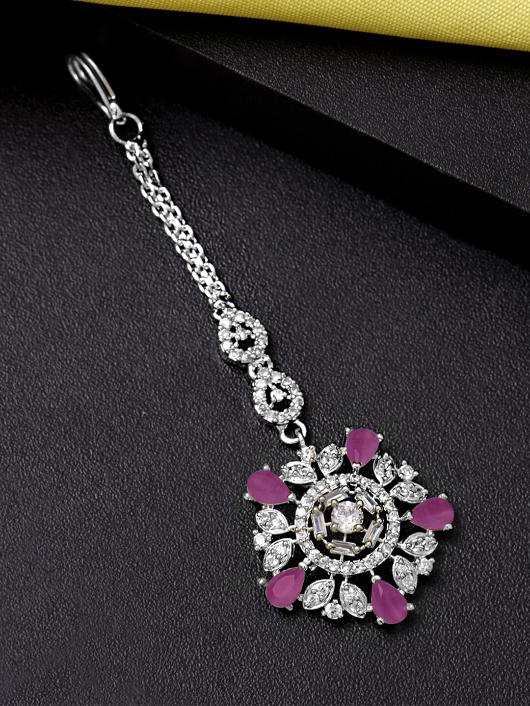 

Yellow Chimes Silver-Plated Pink AD-Studded Maang Tika