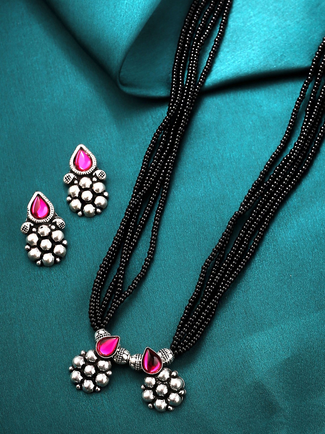 

Yellow Chimes Oxidised Silver-Plated & Black Beaded Kolhapuri Maangalsutra Set