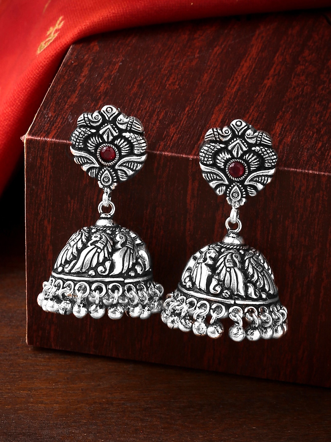 

Yellow Chimes Woman Silver Oxidised Kolhapuri Peacock Design Jhumkas Earrings