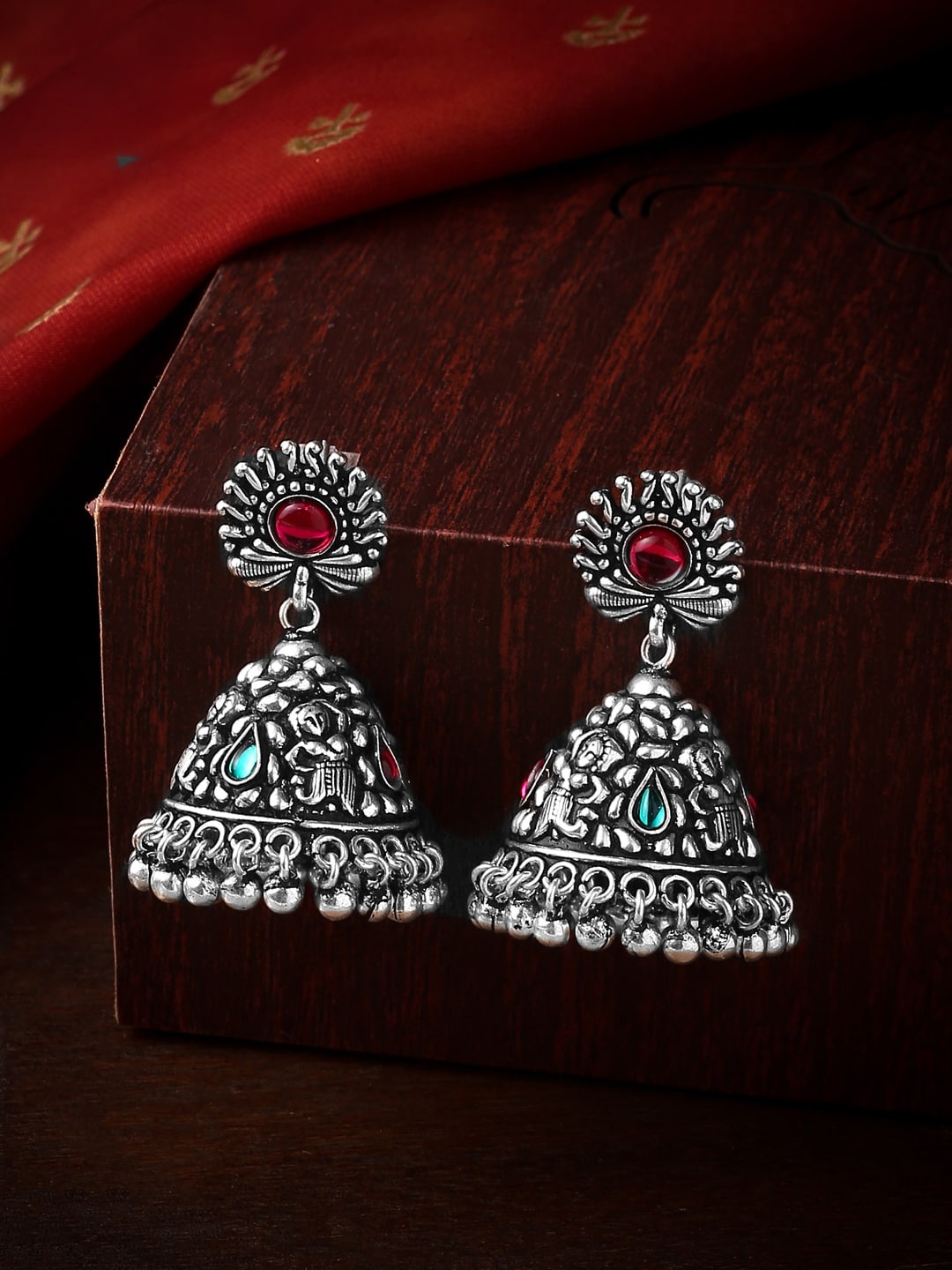 

Yellow Chimes Woman Silver Oxidised Traditional Kolhapuri Jhumka Earrings