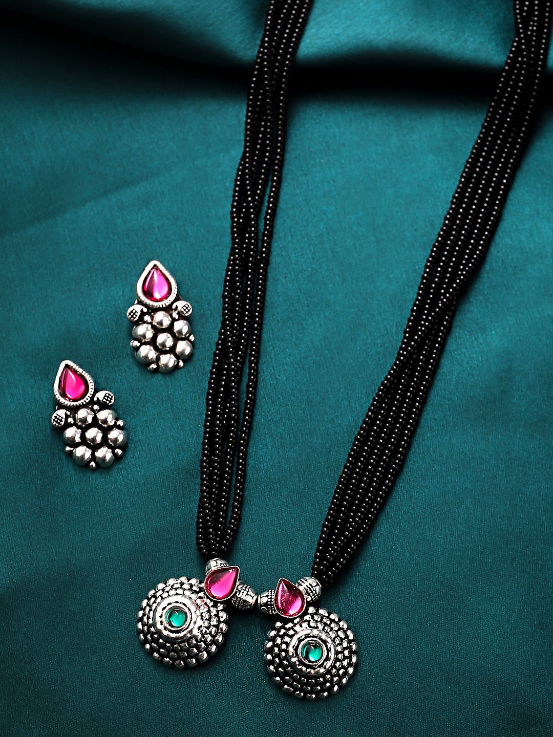 

Yellow Chimes Oxidised Silver-Plated & Black Beaded Mangalsutra With Earrings