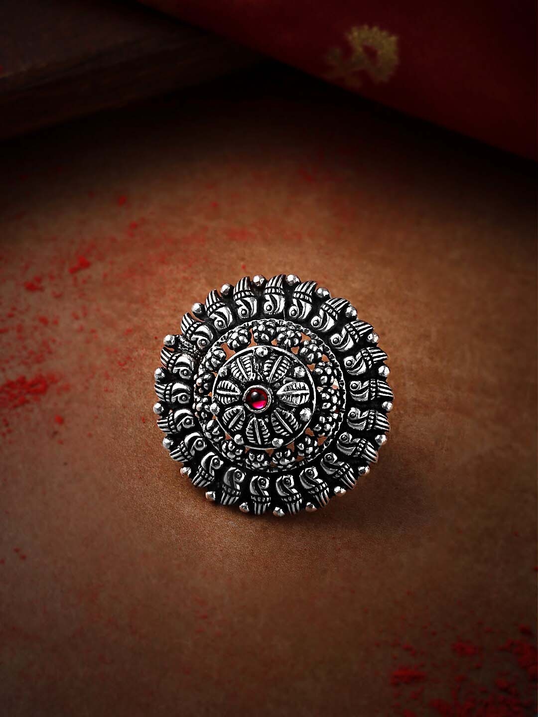 

Yellow Chimes Silver-Plated Oxidised Kolhapuri Circular Ring
