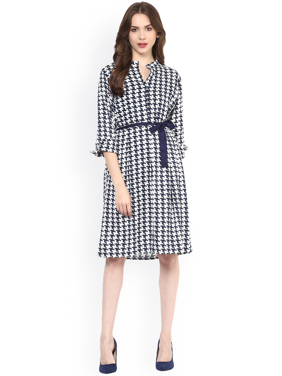

Zima Leto Women Navy & White Printed A-Line Dress, Navy blue