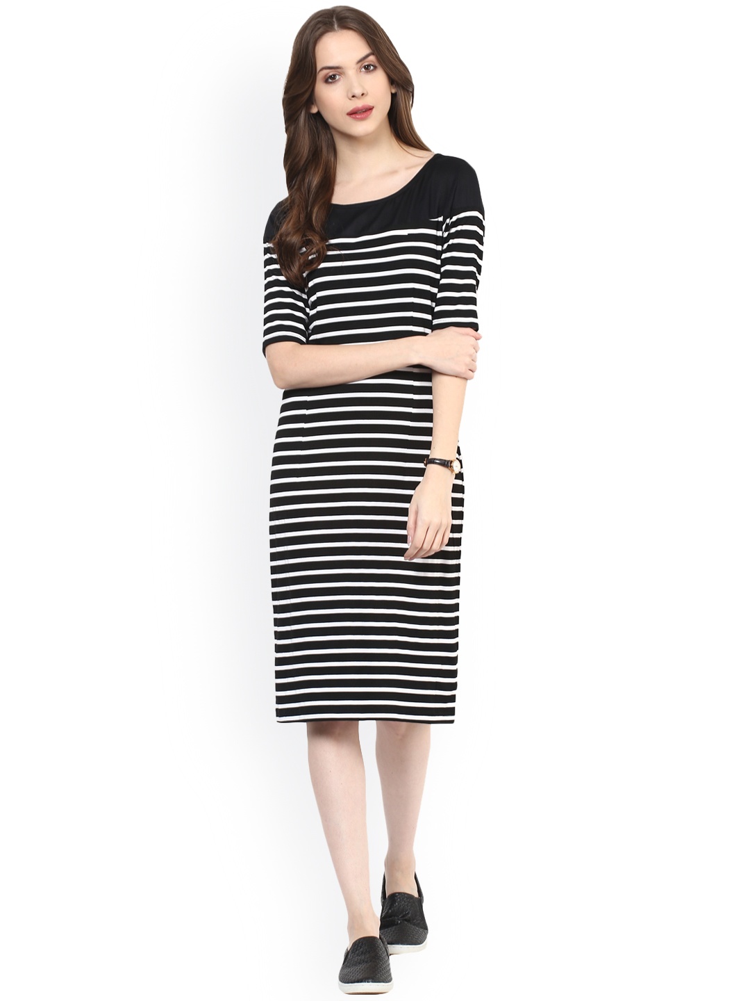 

Zima Leto Women Black & White Striped Sheath Dress