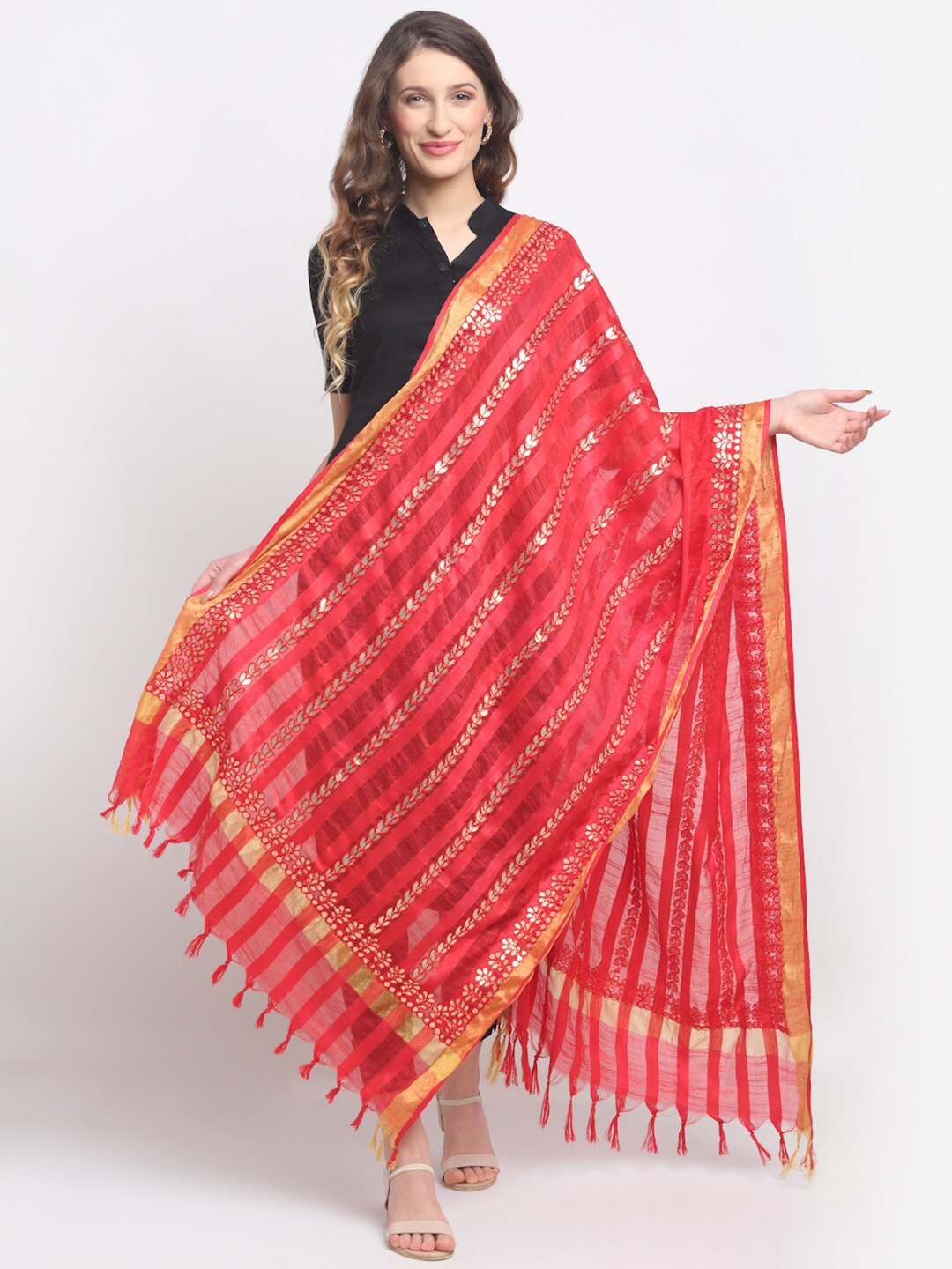

SOUNDARYA Red & Gold-Toned Embroidered Dupatta with Gotta Patti