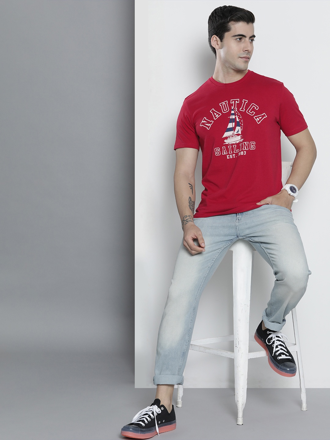 

Nautica Men Red & Cream-Coloured Brand Logo Printed Pure Cotton T-shirt