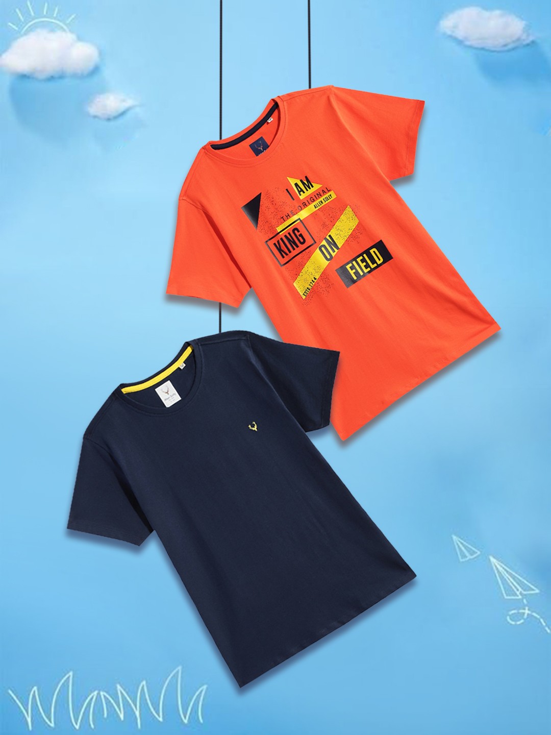 

Allen Solly Junior Boys Orange & Navy Blue Typography 2 Printed T-shirt