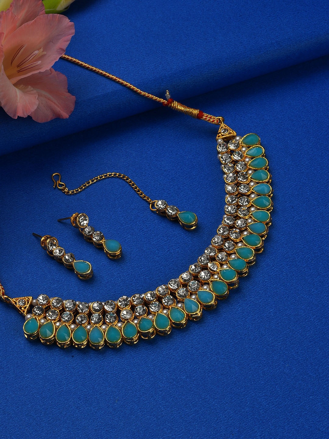 

SOHI Gold-Plated & Blue Stone-Studded Jewellery Set