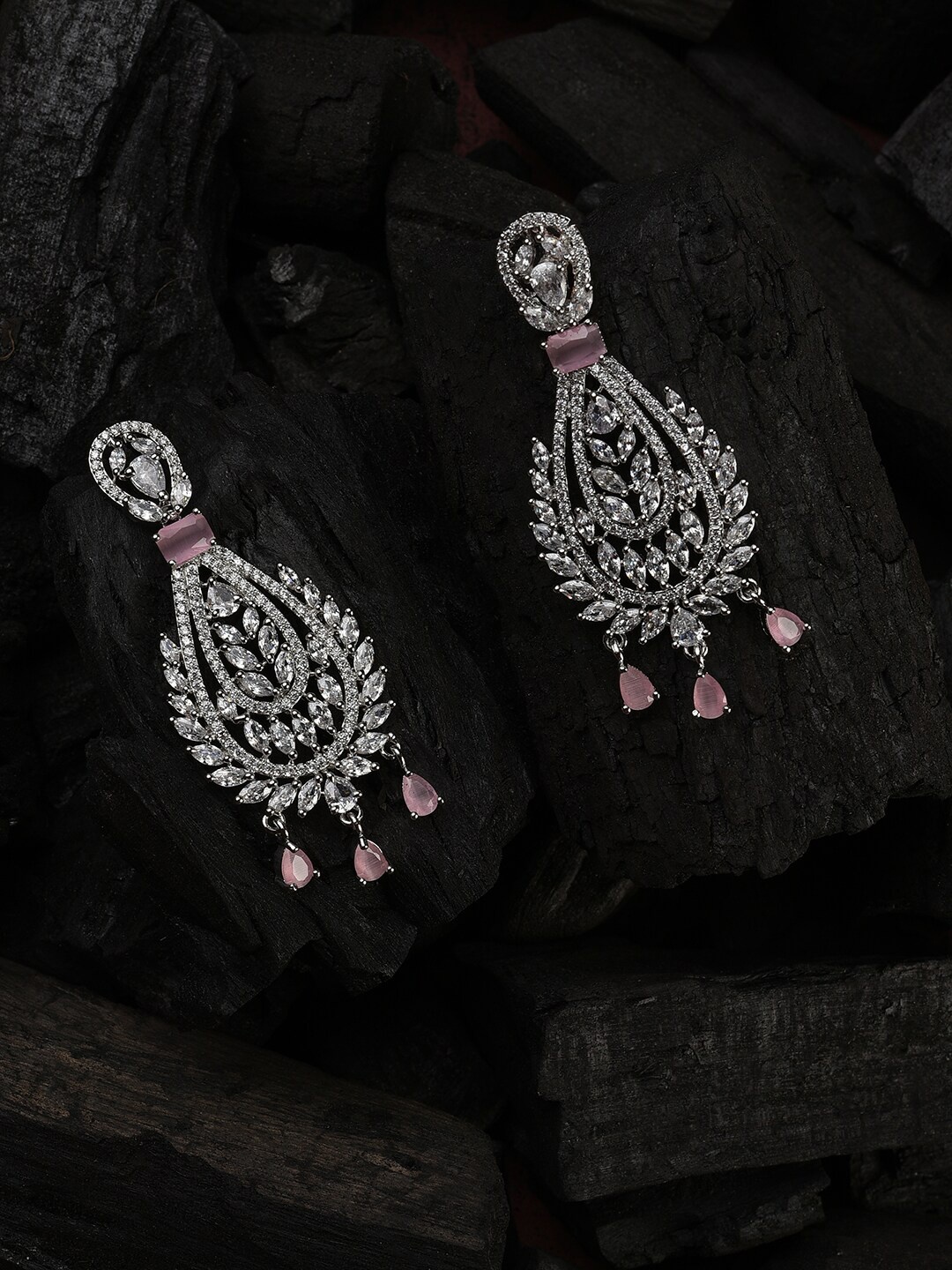

SOHI Pink & Silver-Plated Teardrop Shaped Chandbalis Earrings