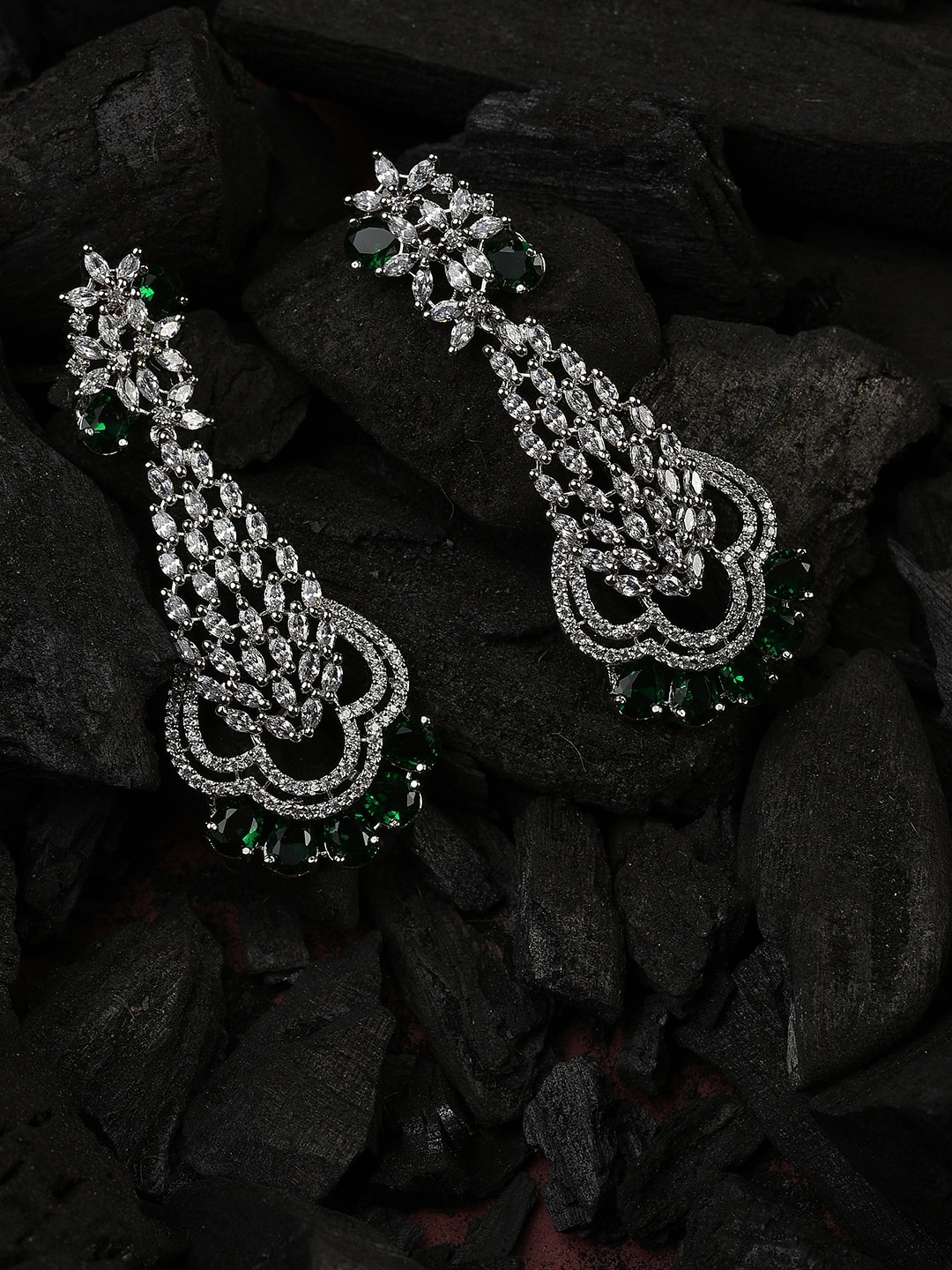 

SOHI Silver-Plated White & Green American Diamond Drop Earrings